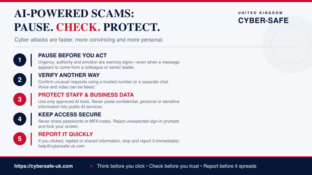 AI-powered scams staff awareness poster: pause, check, protect