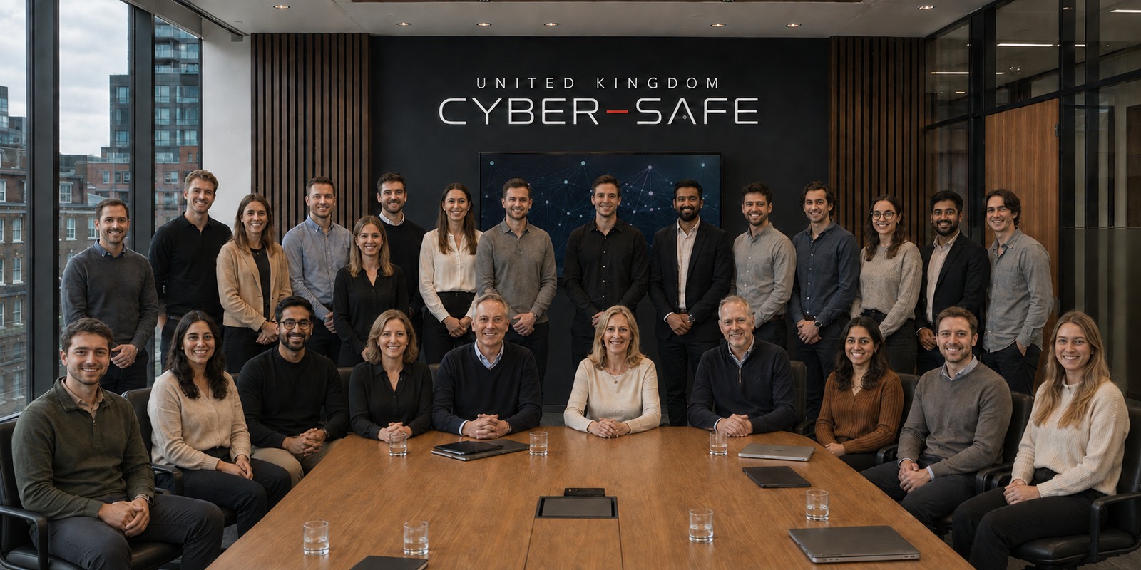 The UK Cyber-Safe team around the boardroom table at the Manchester office